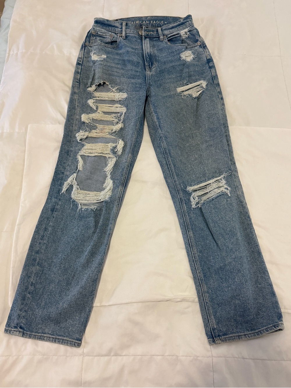American Eagle Outfitters Distressed Straight-Leg Jeans - Medium Blue